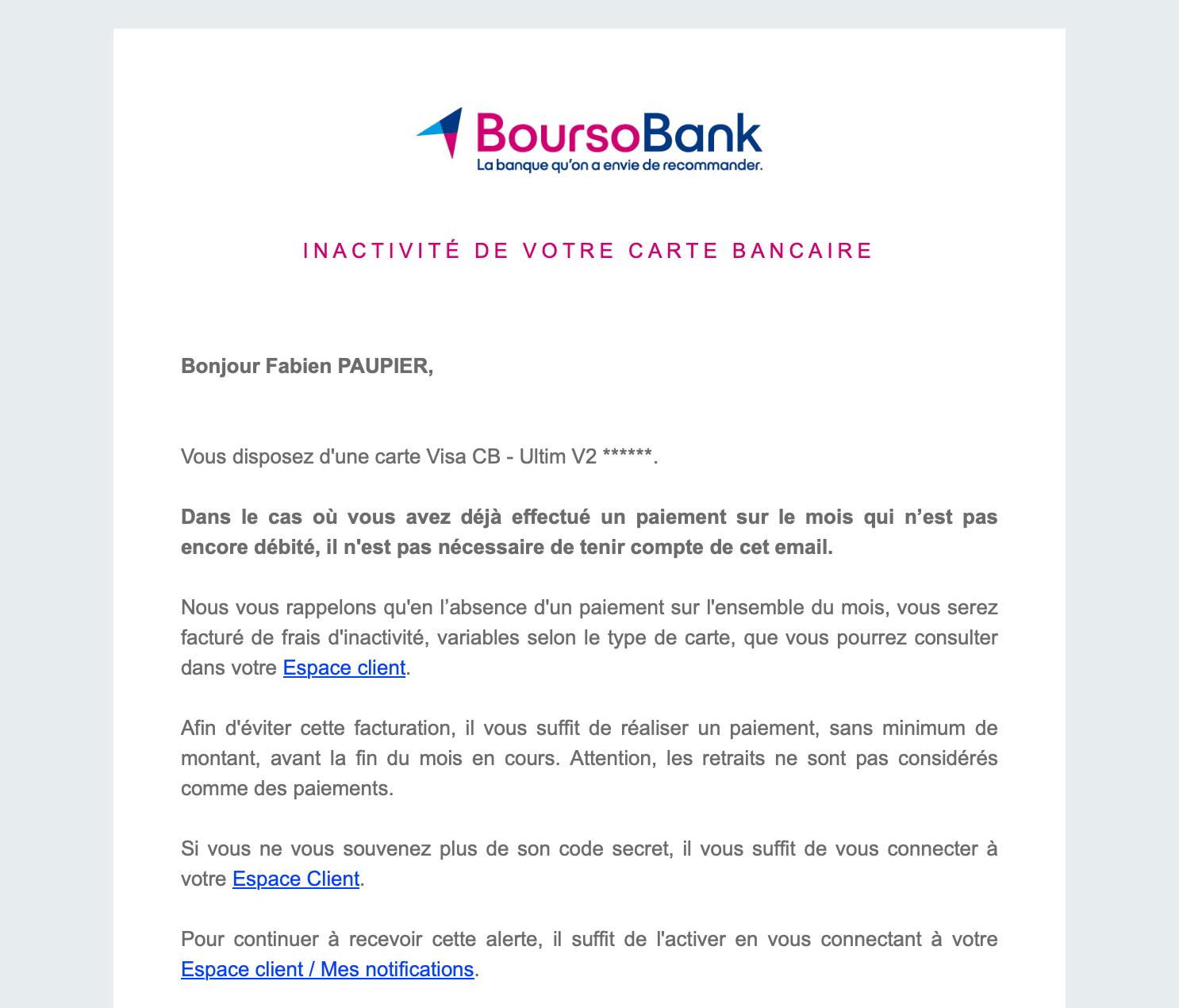 Exemple d'email d'alerte d'inactivité de carte bancaire envoyé par BoursoBank